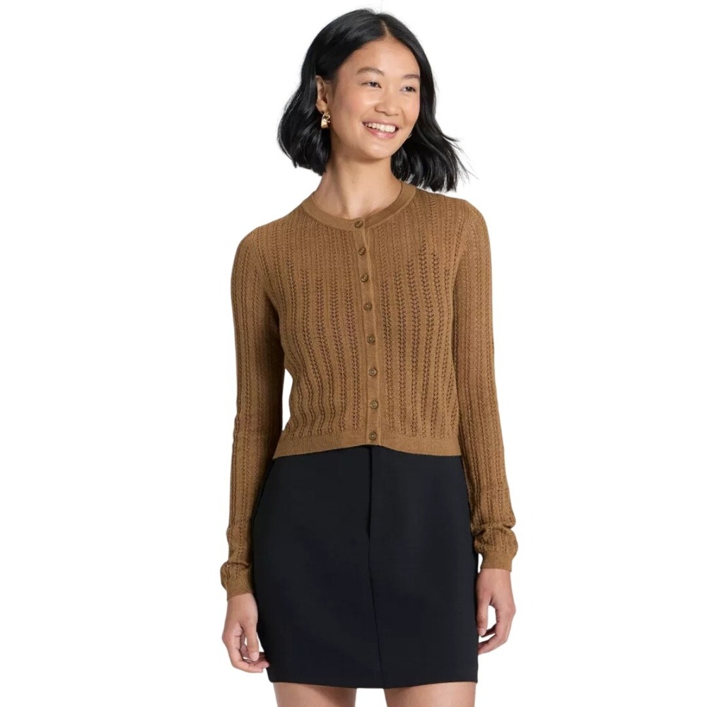 A New Day Brown Pointelle Knit Cropped Button Front Cardigan Sweater Size M
